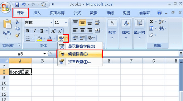 怎样在excel2007的汉字上加拼音的