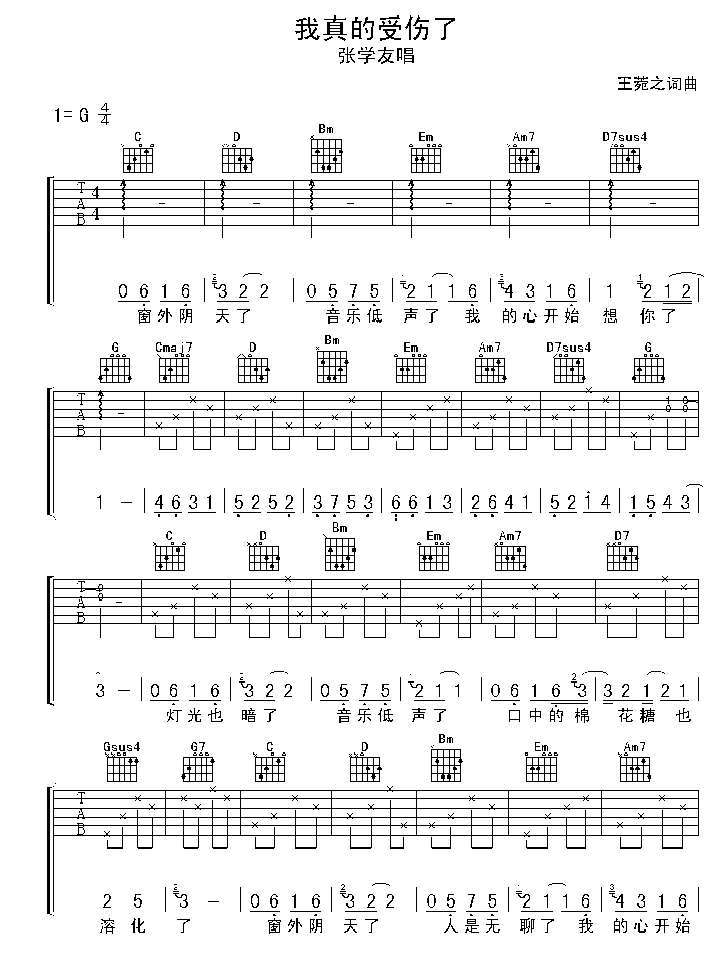 我真的受伤了吉他谱 张学友