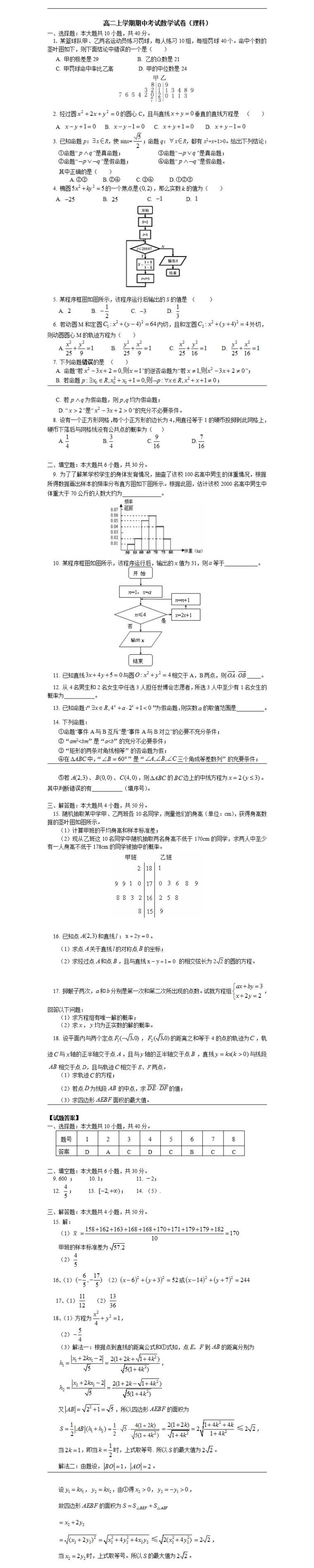 高二上学期数学期中考试试题及答案