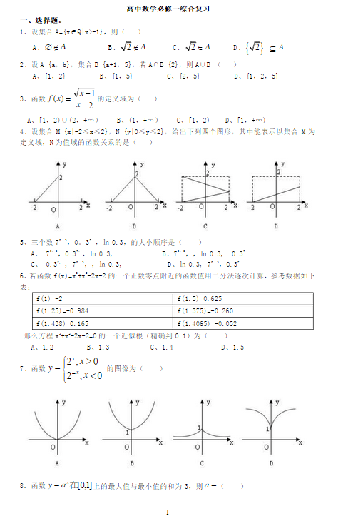 高一数学必修一总复习题