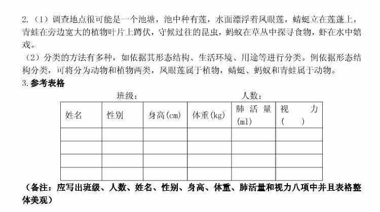 七年级生物学上册基础训练答案