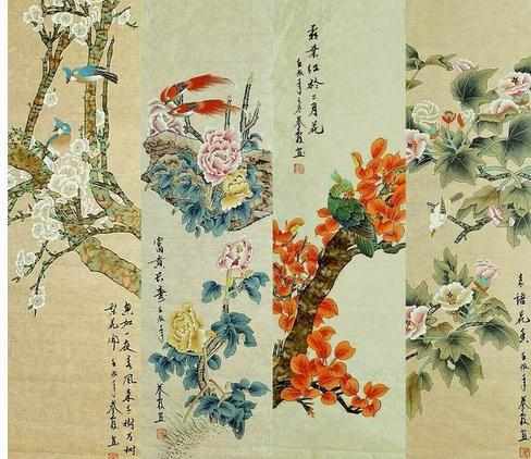 花鸟四条屏中国画现代图片