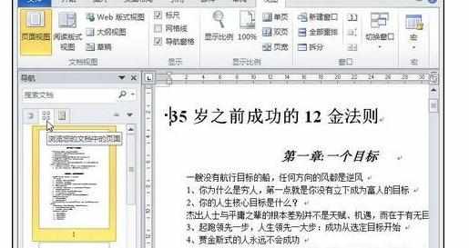 Word2010文档窗口中显示“文档结构图”和“页面缩略图”的操作方