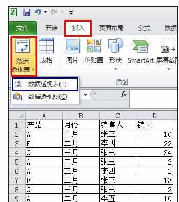 Excel中2010版进行图表生成透视表的操作方法