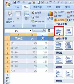 Excel中2007版进行制作双向条形图的操作技巧